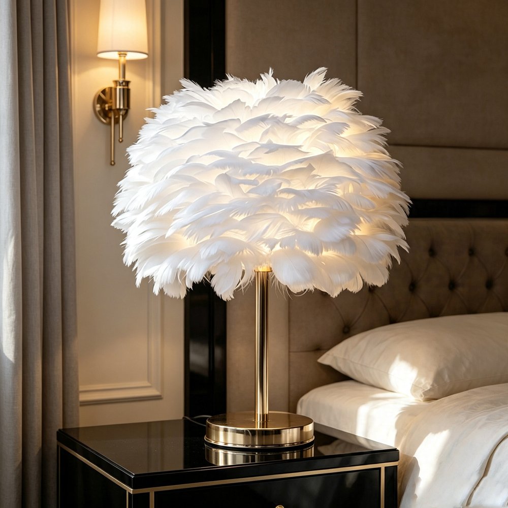Fluffy Feather Table Lamp, Aesthetic Bedside Night Light with Gold Base & Plume Shade, Coquette Room Decor