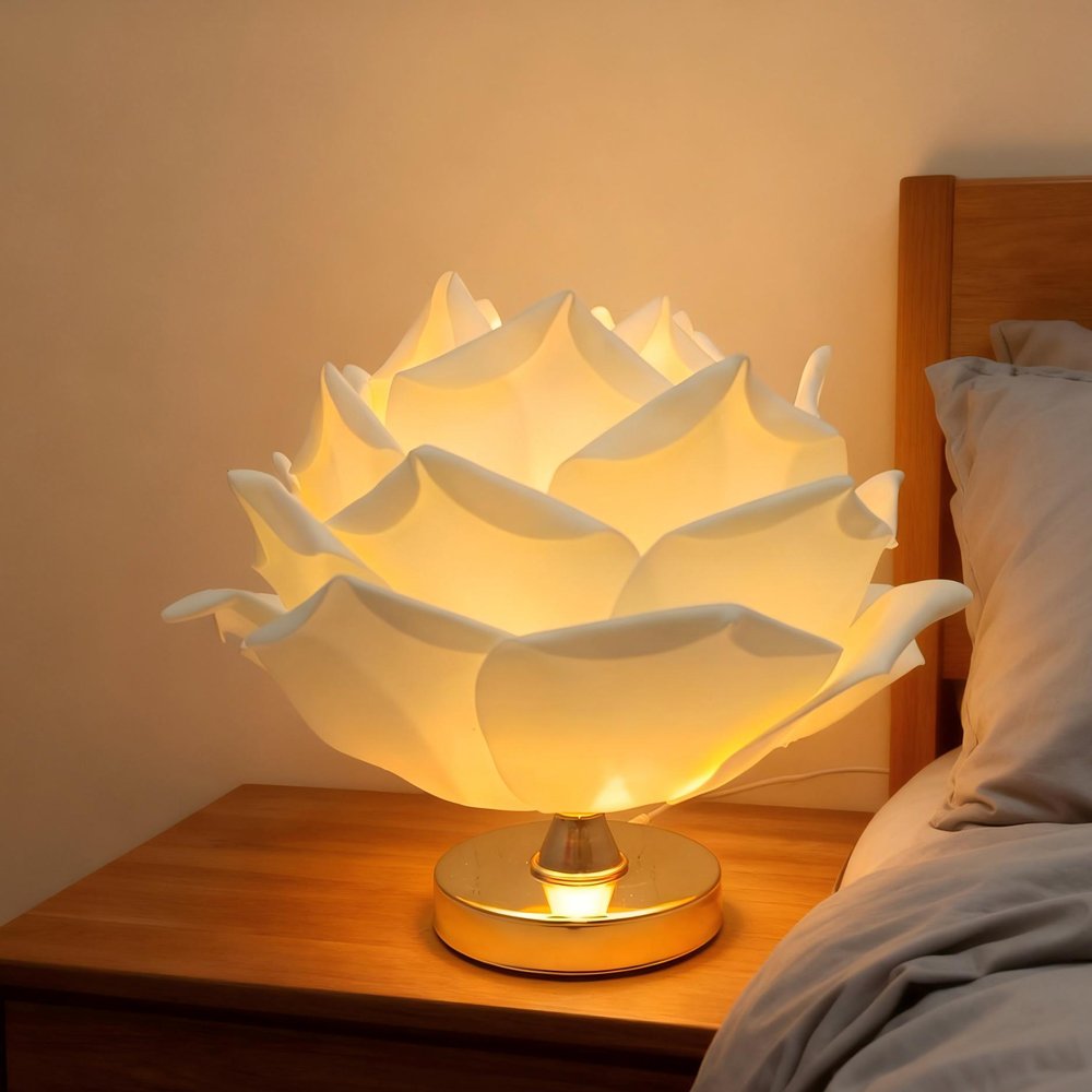 White 3D Lotus Table Lamp with Large Rose Metal Glossy Base - Zen-Inspired Floral Decor for Homestay Bedrooms, Ideal Gift