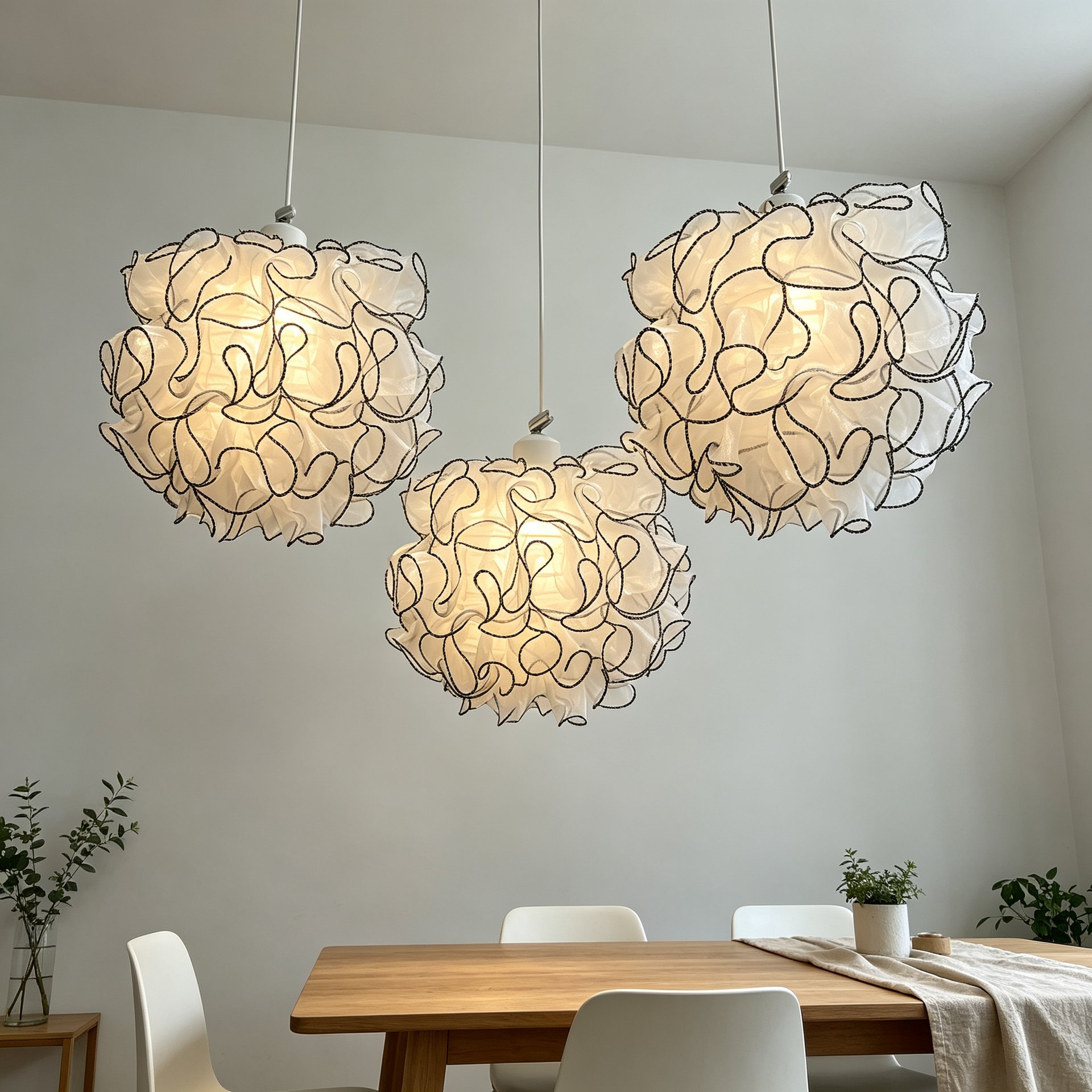 Black‑and‑white contrasting mesh spherical lampshade, wavy ball pleated lace trim, French‑style replacement lampshade accessory for table lamps and pendant lights