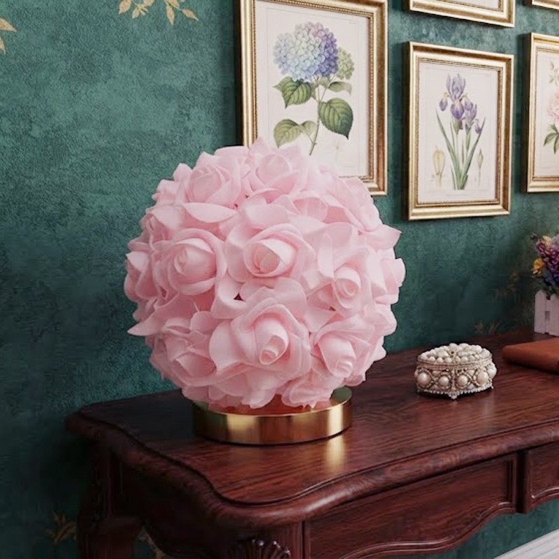 Romantic simulation rose ball USB desk lamp white powder dual color optional light luxury gold base warm light night light French elegant bedroom dressing table desktop decorative light Valentine's Day wedding anniversary home gift lighting