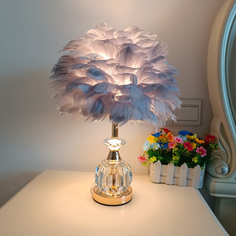 Romantic Feather Desk Lamp for Bedroom, Luxury Crystal & Gold Base Night Light, Aesthetic Cute Room Decor